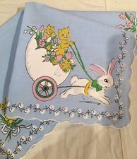 Sweet New Spring Easter Bunny Handkerchief  Hankie - Kitty  Bunny Carriage 