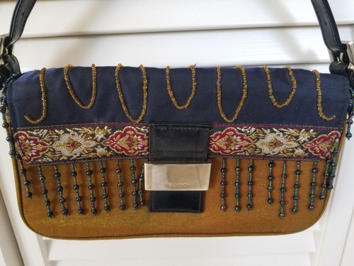 XOXO Shoulder Fabric Bag Purse Blue & Brown with Fringe & Tapestry Trim 11" x 6" - Picture 3 of 9