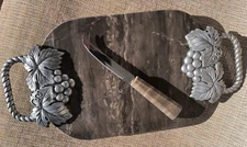 RARE Beautiful Vintage Brown/ Tan Marble Serving Cheese Tray Grape Vines Handles