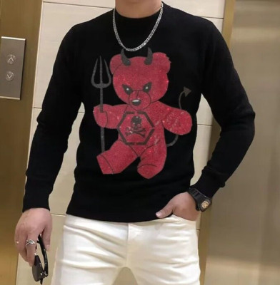 New Men Luxury Diamond Bear Rhinestones Fashion Knitted Black Gothic Sweater