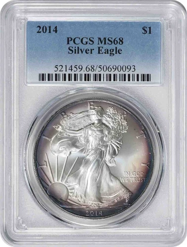 2014 American Silver Eagle MS68 PCGS Toned Eggplant Purple Turquoise Periphery