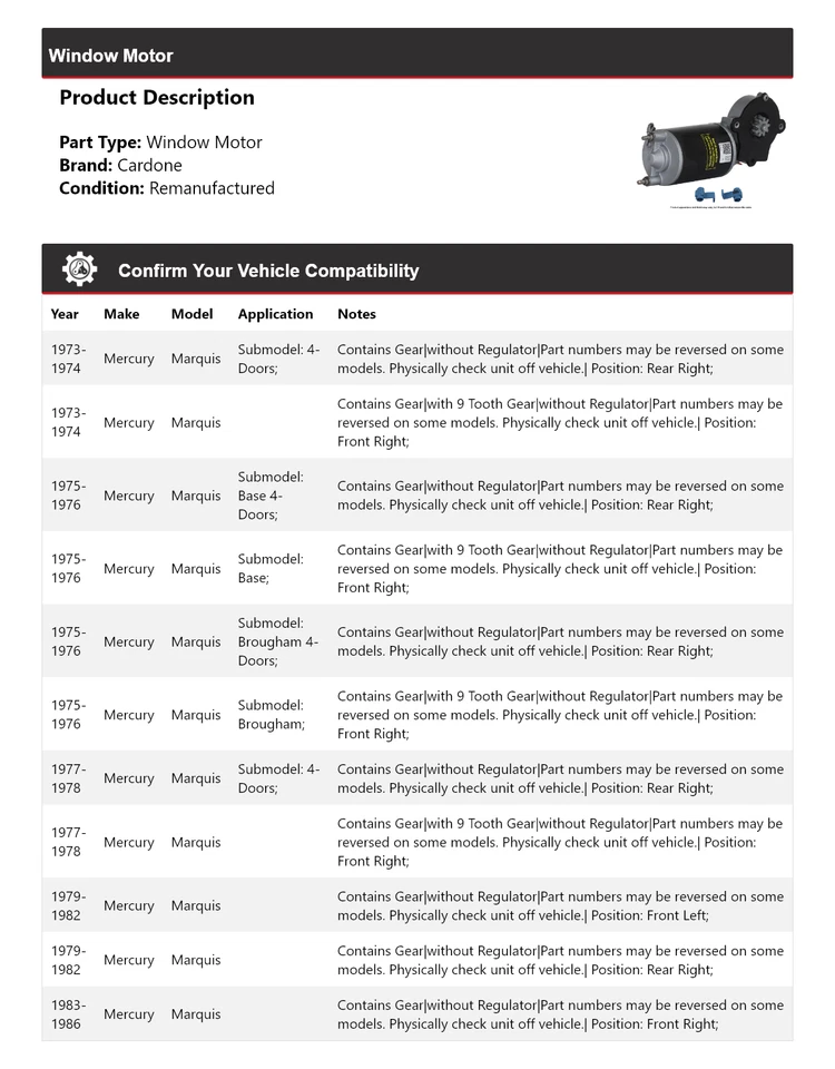 For 1973-1986 Mercury Marquis Window Motor Cardone 1974 1975 1976 1977 1978 1979 - Image 2 of 4
