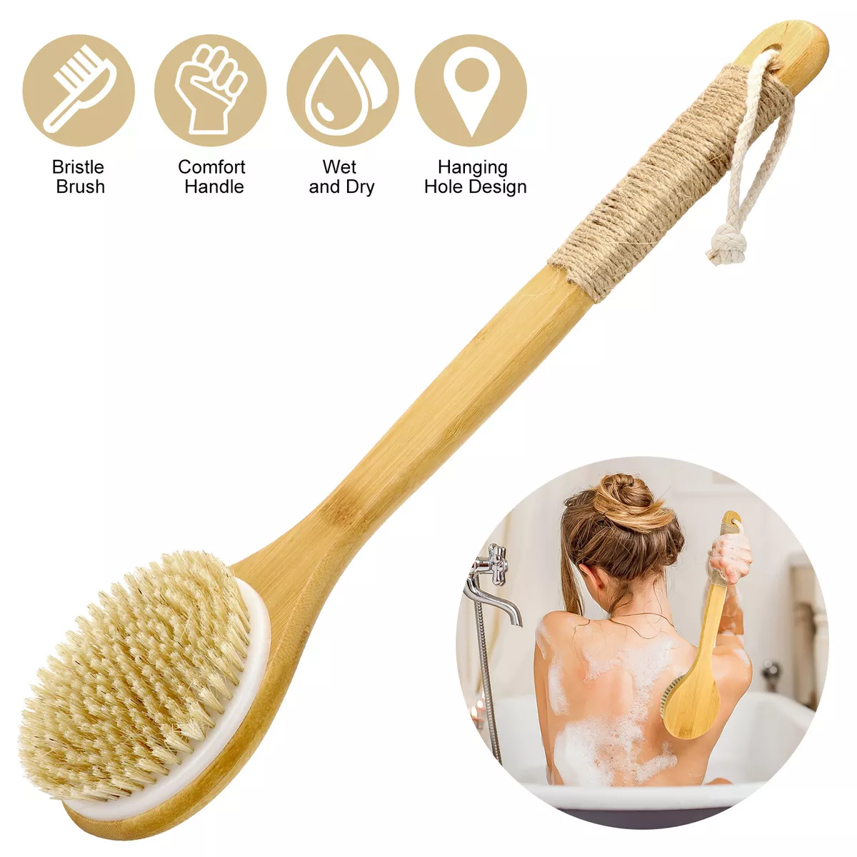 Bath Body Brush Long Handle Wooden Shower Brush with Natural Bristles