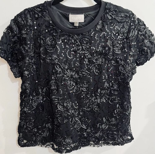 Cupio Blush Women’s Size XL Black Roses & Black Sequins Blouse Short Sleeve Top - 第 1/14 張圖片