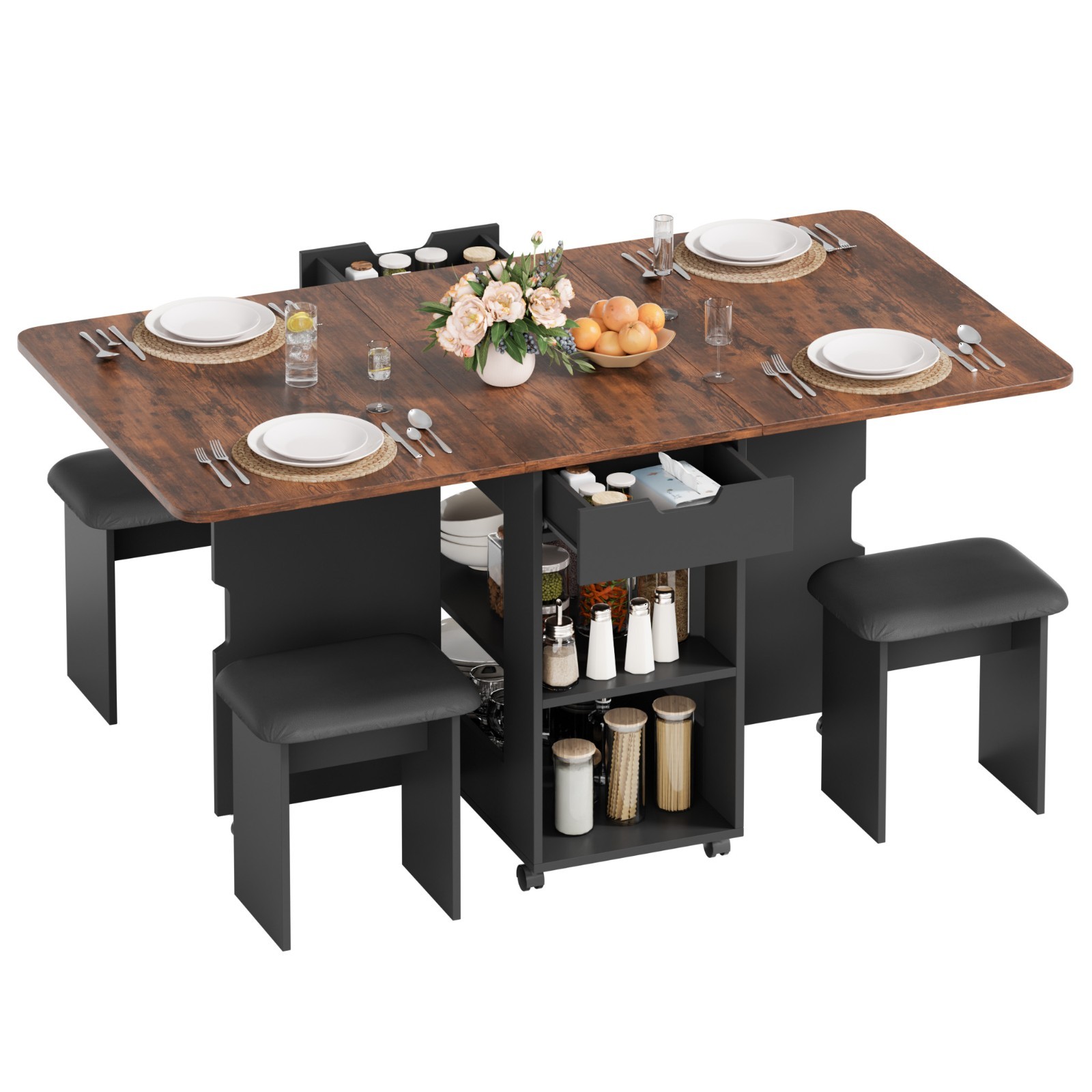 TANGZON 3PCS Folding Dining Table and Chairs, Rolling Drop Leaf Dining Table and 2 Chairs with Mesh Shelves, Wire Baskets & Wheels, Metal Frame Kitchen Dining Set for Dining Living Room (Rustic Brown) 11 Mondeer 3-in-1 Folding Dining Table and 4 Chairs Set w/ Drawers Drop Leaf 140cm
