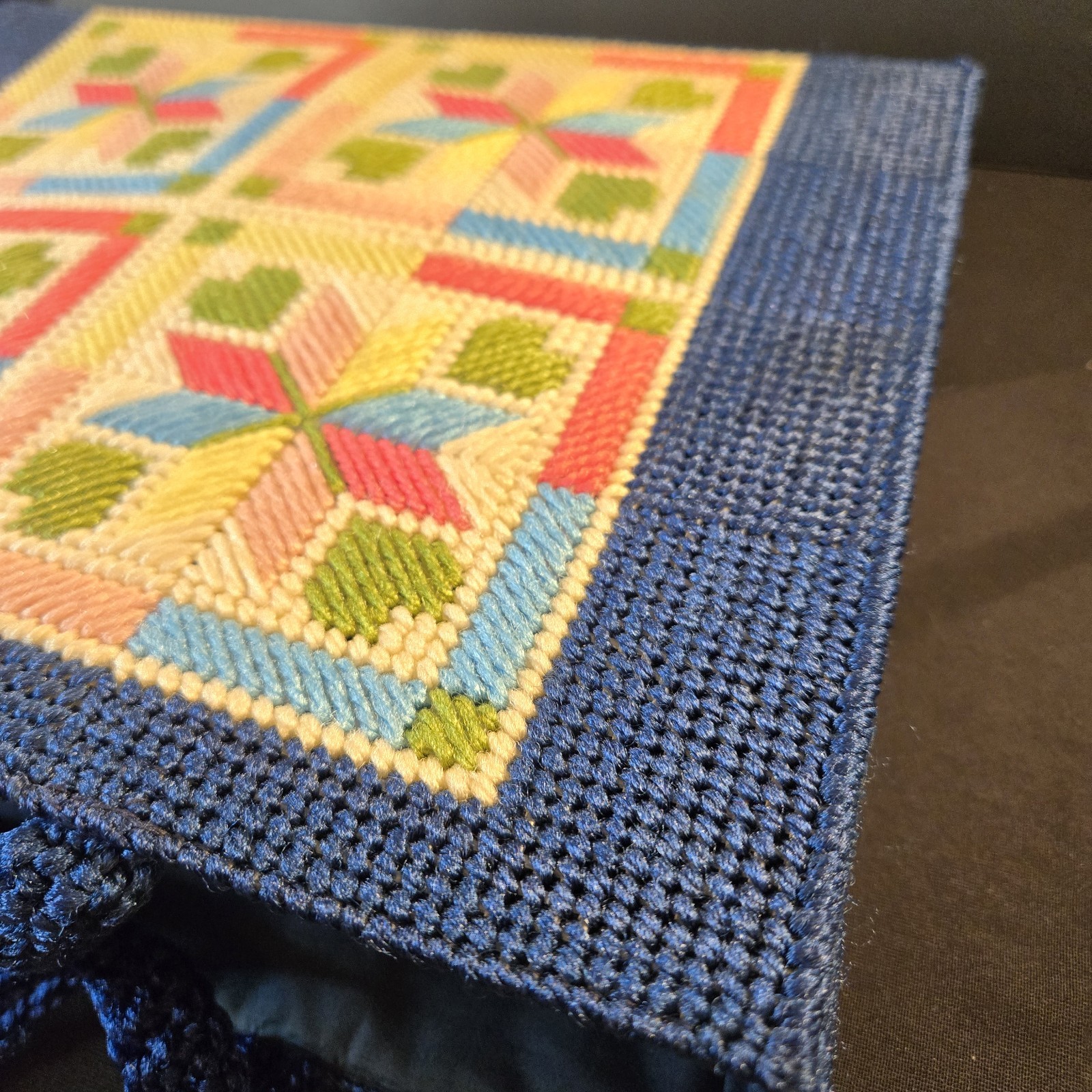 Vintage Needlepoint Patchwork Blue Tote Grannycor… - image 10