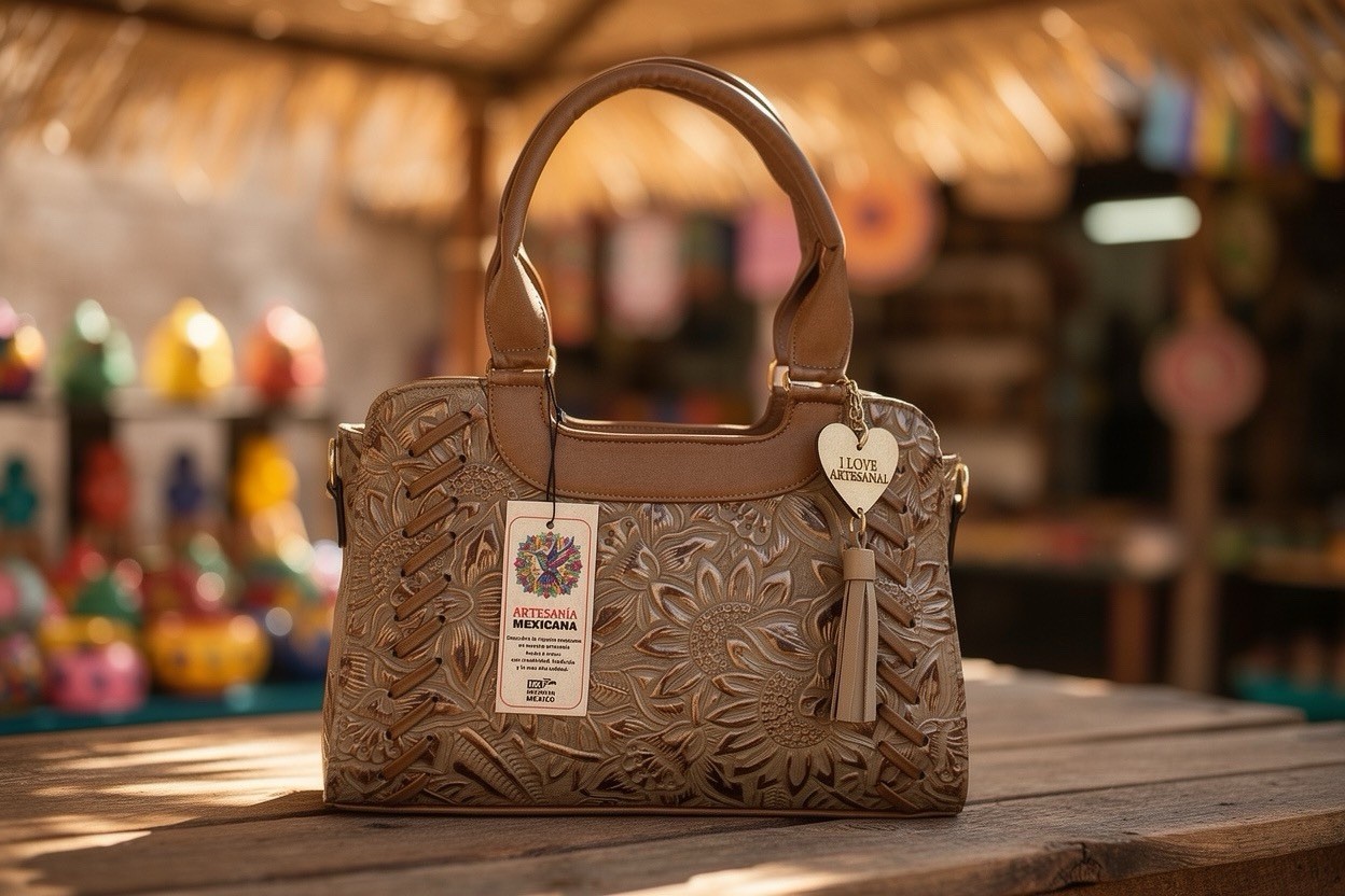 New Genuine Leather Handbag Floral Tooled. Artisan Bag From León, Mexico