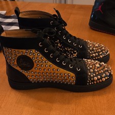 Christian Louboutin Black/Gold Studded Spike High-Top Leather Sneakers 10.5