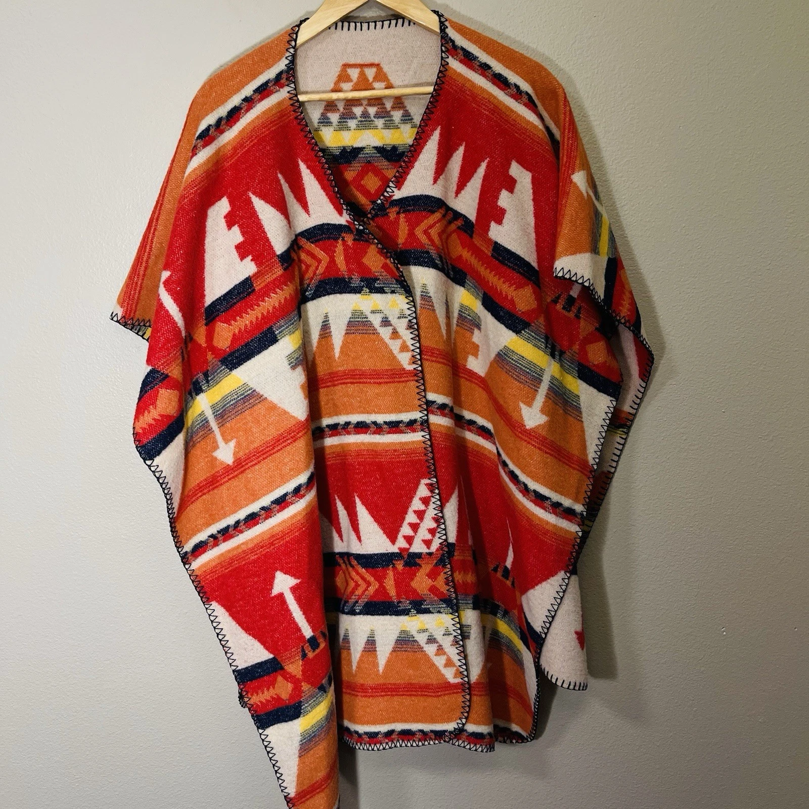 Rhonda Stark Southwestern Wool Blend Wrap Poncho Aztec Tribal Boho Reversible