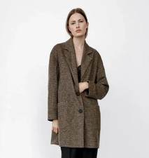 Zara Large Oversized Blazer Coat Brown Houndstooth Cotton Plaid Single Breasted