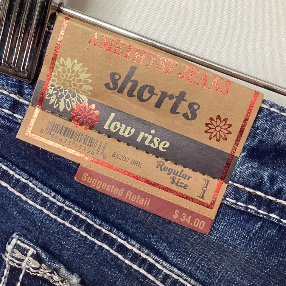 Lindos pantalones cortos de mezclilla de tiro bajo de amatista bordados con acento floral talla 1 Foto 4 de 4