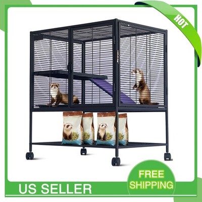 Metal Small Animal Cages, Rolling Chinchilla Cage with Removable Ramps, Black