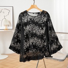 100 Mulberry Silk Black Embroidery 3/4 Sleeve Women Shirt Top Blouse QQ018