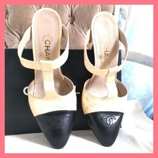 CHANEL Coco Mark Two Tone Pumps 37 Beige Black Leather High Heels Women Japan