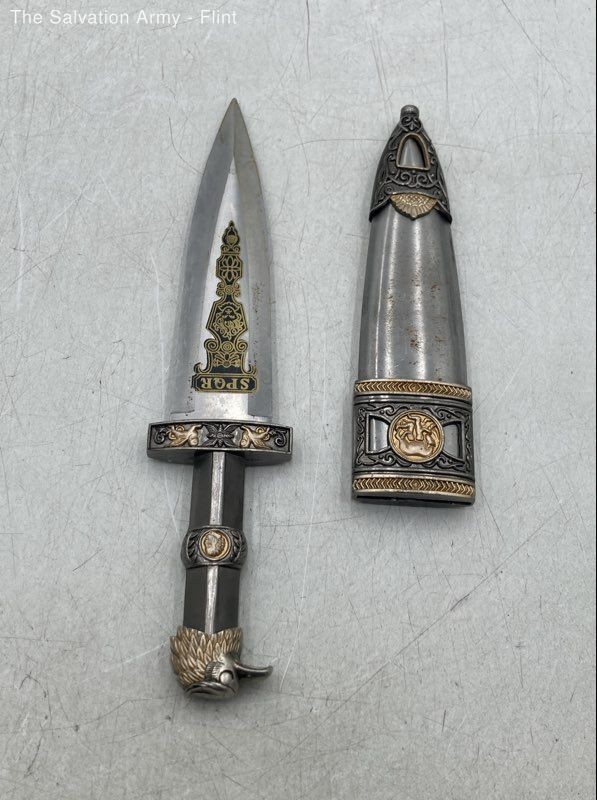 SPQR Silver Gold Tone Embossed Roman Eagle Replica Dagger & Sheath