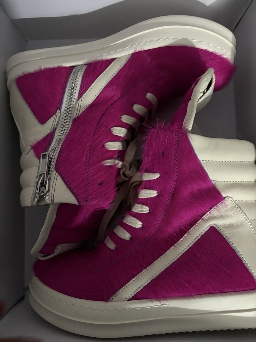 Rick Owens Geobasket Pink/White Fur High Top Sneakers Lace Up Side