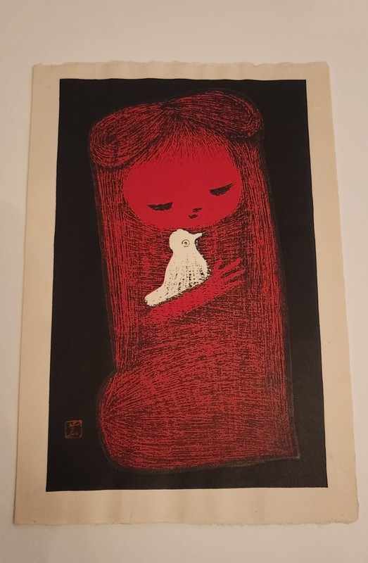 Original Kaoru Kawano Woodblock Art Girl and Bird