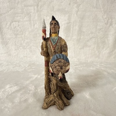 Native American Indian Warrior 6.5  Resin Statue With Spear & Sword
