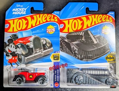 Hot Wheels 2026 Armored Batmobile Batman 5/5 #233 & Mickey Mouse Car #236 N Case