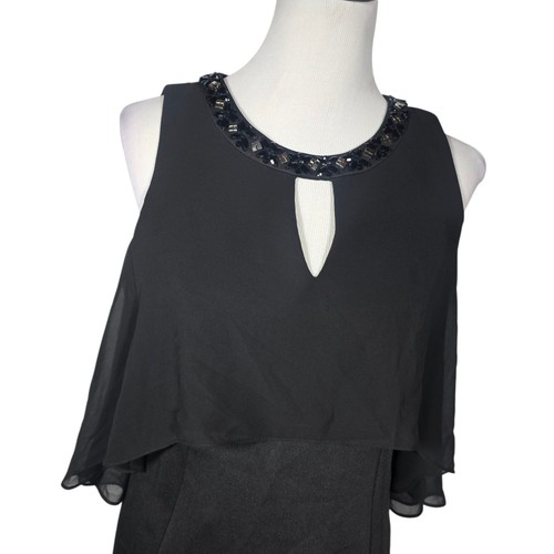 SLNY Size 10 Black Beaded Layered Cape Sleeveless Cold Shoulder Midi Dress NWT - Picture 2 of 11
