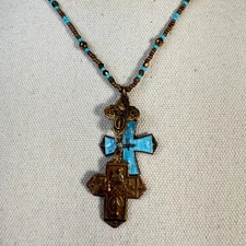 Turquoise Blue Enamel Cross Charm Necklace Religious Beaded