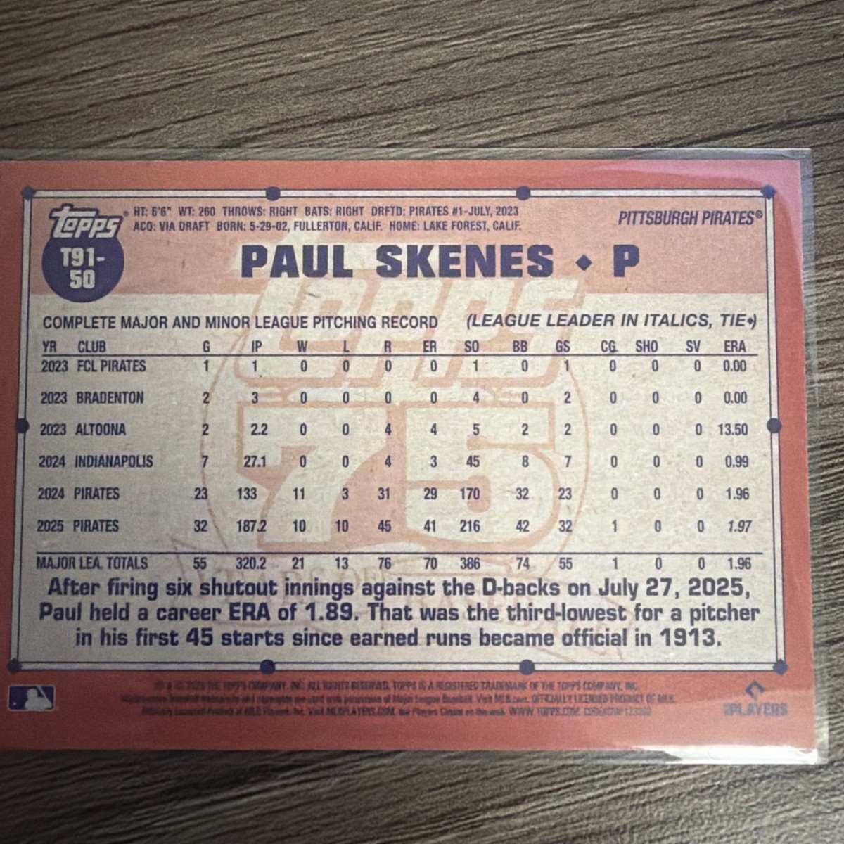 Paul Skenes 2026 Topps Series 1 1991 75th Anniversary Insert SP 