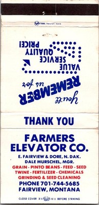 Farmers Elevator Co Dale Murschel Fairview MT Vintage Matchbook Cover TMM5-1