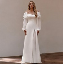 Luxury Pearls Wedding Dresses Scoop Neck Puffy Long Sleeve Satin Bridal Gowns