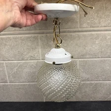 Vtg MCM Clear Glass Swirl Hobnail Globe and White Metal Ceiling Fixture