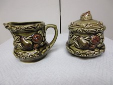 MCM Vintage Olive Green Raised Relief Vegetable Creamer Pitcher & Sugar