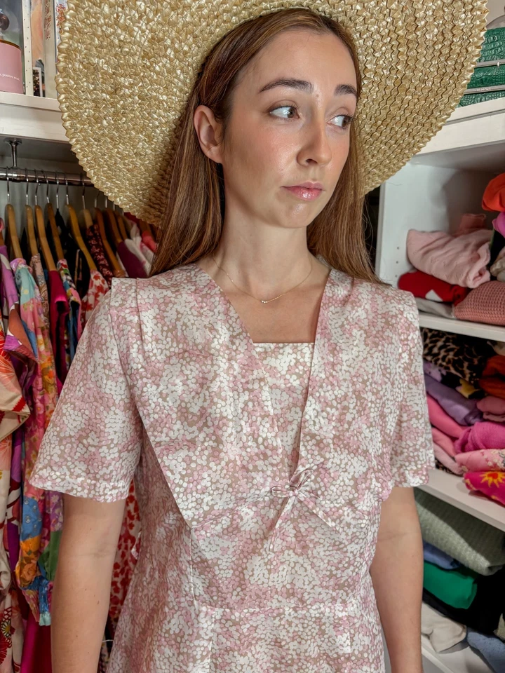 Vestido Vintage Años 60 Estampado Punto Rosa / Cuello Marinero Vintage / Dorolyn / L / 14 AU Foto 4 de 4