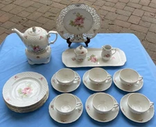 23 pc, Dessert Breakfast Set for 6, Schumann Bavaria Pink Roses Basketweave Mint