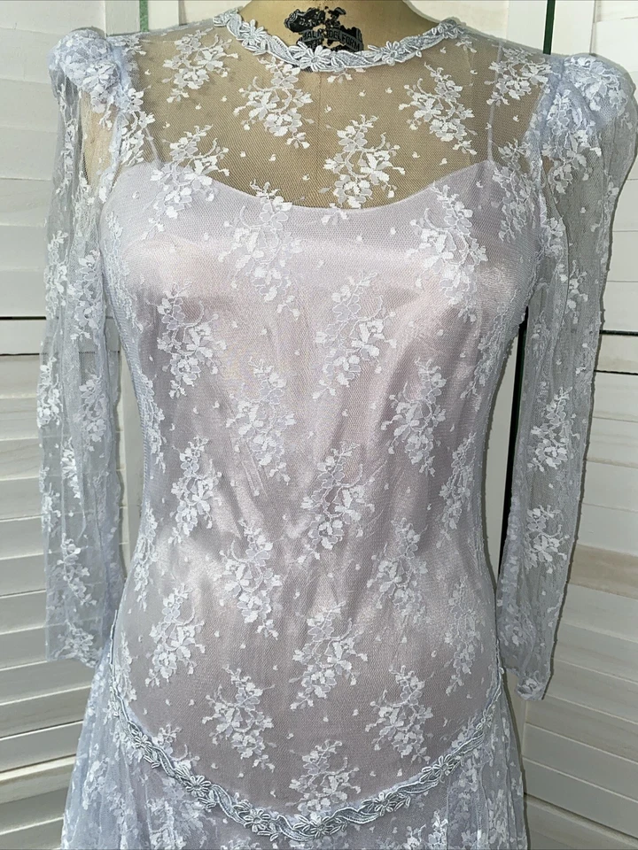 70s 80s Sheer Lace Dress Formal Over Pink Slip High Neck Light Blue Sz Small - Image 2 of 4