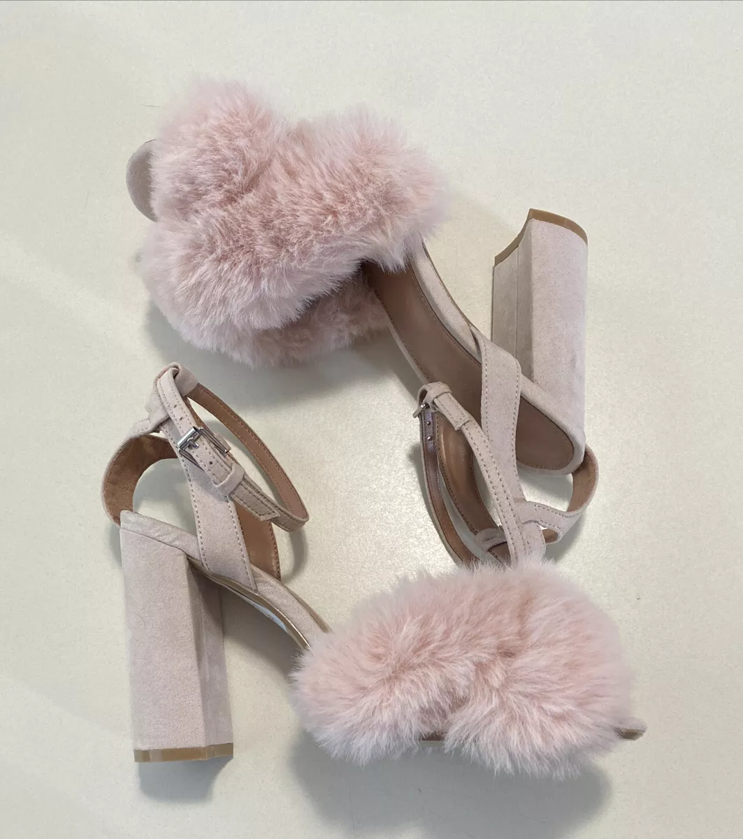 Topshop Sassy womens Pink Fuzzy Comfy Lounge Peep Tow Heels Sz 7.5