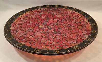 Partylite MOSIAC FUSION 15  Round Centerpiece Plate: Red Orange Gold   Bead Rim