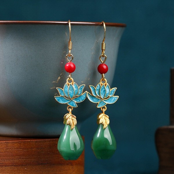 Alternate view of Jade Drop Dangle Earrings Flower Gemstone Boho Dainty Hook 18k Gold Plated