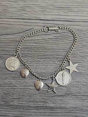 Vintage Beta Sigma  BEO Sorority Hearts Stars Charm Bracelet Sterling Silver 7in