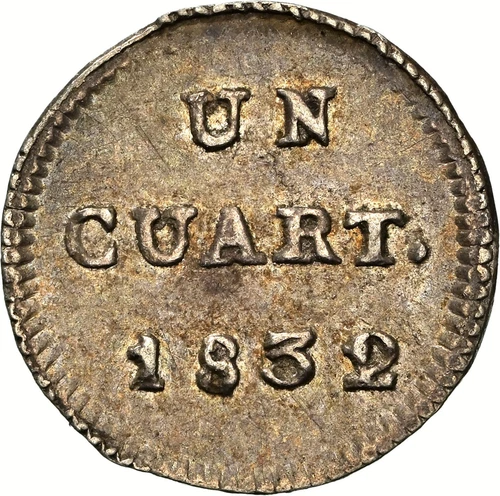 CHILE Santiago ¼ Real, 1832/1 SO (Colección Val y Mexía Label) KM-89 NGC AU 53