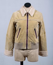 Harvest Beige Suede Faux Sherpa Quilted Lining Aviator Moto Biker Jacket Sz 12