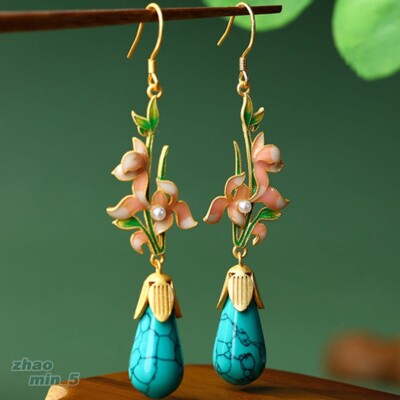 Vintage Flower Earring Enamel Jade Drop Dangle Earring Gold
