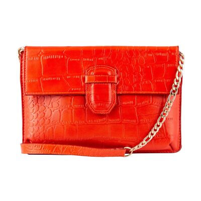 Damen Orange Leder Clutch Umhängetasche Schultertasche Krokodildruck Rindsleder Tasche