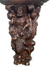 19C. Oak Black Forest Carved Figural Satyr/Bacchus Wall Shelf, German/Swiss 17”H