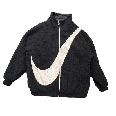 Nike Womens XS Big Swoosh Reversible Sherpa Jacket Black White Polyester Nylon 