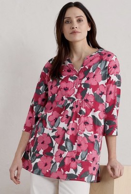 Seasalt Aventurier Red Floral Cotton Tunic Smock Top Coastal Bloom Chalk Size 14