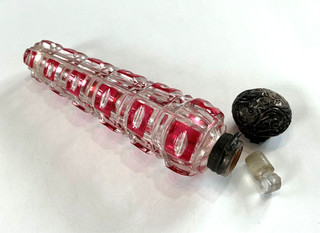 Antique Cranberry Cut to Clear Glass Perfume Bottle Lid Detached For Repair