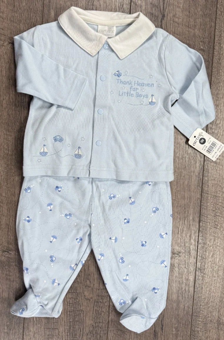 Baby Boy Clothes New Vintage Carter's 3-6 Month 2pc Blue Thank Heaven Outfit