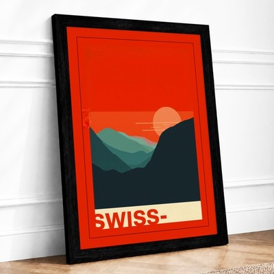 Schweizer Alpenlandschaft Vintage gerahmter Wandkunstdruck Wohndeko fertig zum Aufhängen