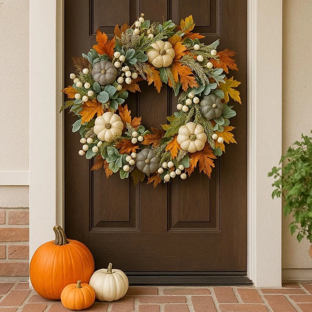 Autumn Harvest Wreath with Pumpkins-fall pumpkin wreath front door decor, autumn