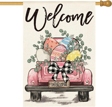 Welcome Easter Eggs Truck House Flag 28X40 Inch Double Sided, Rustic Farmhouse Y