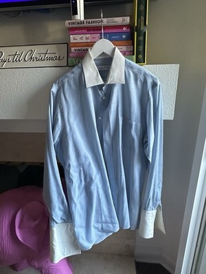 Christian Dior Chemise vintage blue button up shirt with white collar. Size 34
